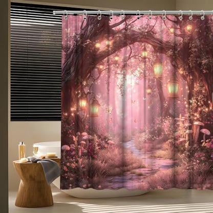 Fantasy Forest Path Shower Curtain Pink Fairy Magical Enchanted Misty Jungle Mushroom Floral Tree Butterfly Lantern Wonderland Bath Curtain Fabric Bathroom Accessories Decor with Hooks 90W x70L