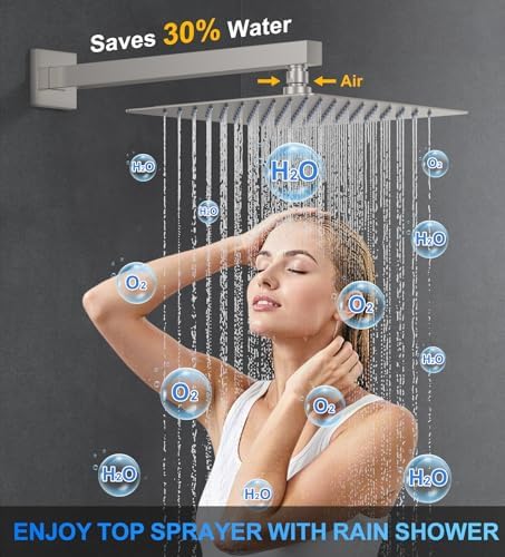 Woindo Shower Faucet Set, 10" Wall Mount Rainfall Shower System with 2 Rain Shower Head and Multi-function Handheld Head Push Button Diverter Shower Faucet Trim Kit