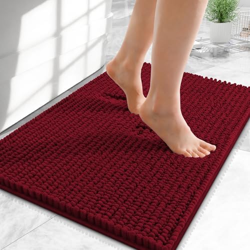 OLANLY Thick Chenille Small Bathroom Rugs Mats 24x16, Burgundy