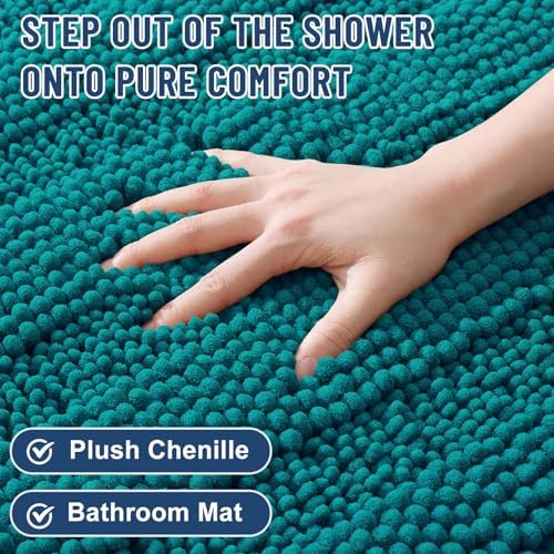 Grandaily Chenille Striped Bathroom Rugs 24x16, Extra Thick and Soft Absorbent Bath Mats, Rubber Backing, Plush Shaggy Shower Carpet, Machine Wash Dry, Bath Rug for Bathroom, Deep Lake