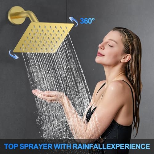 Woindo Shower Faucet Set, 12" Wall Mount Rainfall Shower System with 2 Rain Shower Head and Multi-function Handheld Head Push Button Diverter Shower Faucet Trim Kit