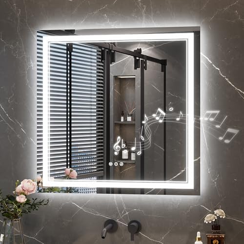 Keonjinn 30 x 30 Inch Lighted Mirrors for Bathroom Wall, Bluetooth Speaker