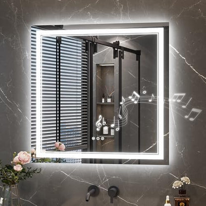 Keonjinn 30 x 30 Inch Lighted Mirrors for Bathroom Wall, Bluetooth Speaker