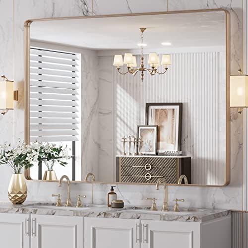 LOAAO 48”X36” Gold Bathroom Mirror, Rounded Rectangle Gold Frame Mirror, Brushed Gold Bathroom Vanity Mirror Wall-Mounted, Anti-Rust, Tempered Glass, Hangs Horizontally or Vertically