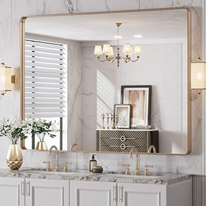 LOAAO 48”X36” Gold Bathroom Mirror, Rounded Rectangle Gold Frame Mirror, Brushed Gold Bathroom Vanity Mirror Wall-Mounted, Anti-Rust, Tempered Glass, Hangs Horizontally or Vertically
