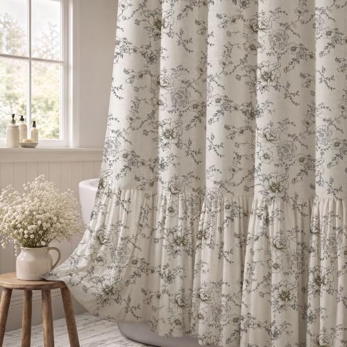 Farmhouse Floral Shower Curtain with Ruffle Hem for Bathroom