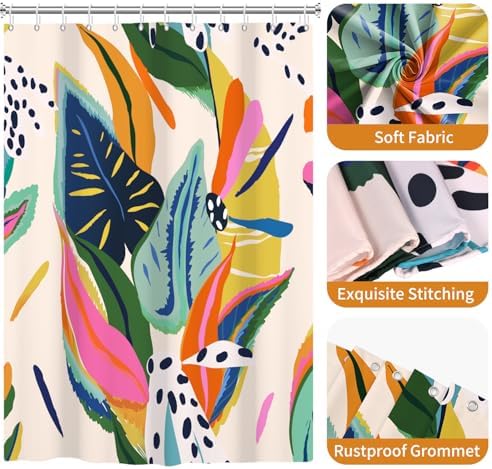 deFouliao Boho Shower Curtain, Colorful Floral Waterproof Shower Curtain for Bathroom with Modern Abstract Art Jungle Plant Leaf Bathroom Bathtub Home Curtain Decor, Washable with Hooks, 60Wx72L