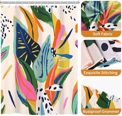 deFouliao Boho Shower Curtain, Colorful Floral Waterproof Shower Curtain for Bathroom with Modern Abstract Art Jungle Plant Leaf Bathroom Bathtub Home Curtain Decor, Washable with Hooks, 72Wx72L