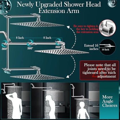 12 Inch Rain Shower Head Combo,5 Spray Handheld with 16" Extension Arm