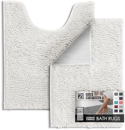 Hearth & Harbor Bathroom Rugs, Chenille Bath Mat - Machine Washable Bath Mats for Bathroom Non-Slip Backing Rubber, Quick Dry Bathroom Mat - White 17x24-20x24
