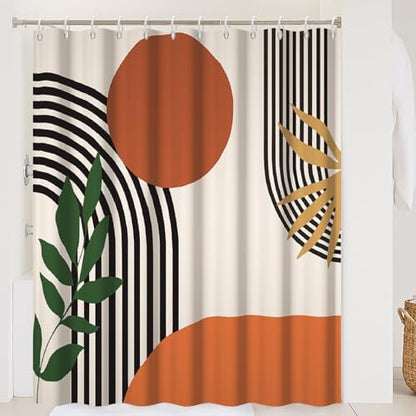Mid Century Boho Shower Curtain, Abstract Minimalist Sunrise Fabric Shower Curtain Set Orange Waterproof Polyester Morden Abstract Leaves and Arch Bathroom Curtain Set with Hooks, 72x78 Inch