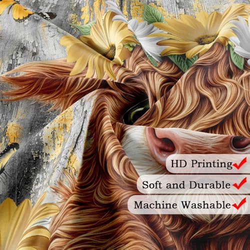 Cute Baby Highland Cow Shower Curtain, Farmhouse Yellow Wooden Daisy Shower Curtain for Bathroom Set, Funny Cattle Rustic Animal Fabric Waterproof Shower Curtain for Bathtub Decor with Hooks 60x72in