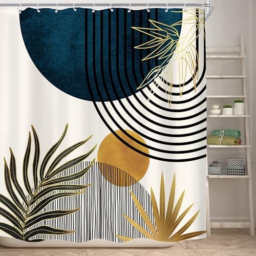 KOMLLEX Mid Century Blue Boho Abstract Modern Bathroom Shower Curtain Set