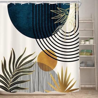 KOMLLEX Mid Century Blue Boho Abstract Modern Bathroom Shower Curtain Set