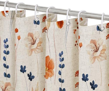 Gibelle Orange Navy Linen Watercolor Floral Fabric Shower Curtain, 72x72