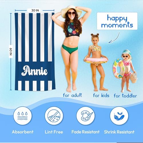 JML Personalized Beach Towel with Name, Custom Cabana Stripe Beach Towel, Customized Microfiber Pool Towel, Quick Dry & Absorbent Swim Towel for Adult,Mother's Day, Birthday, Summer Holiday,Vacation