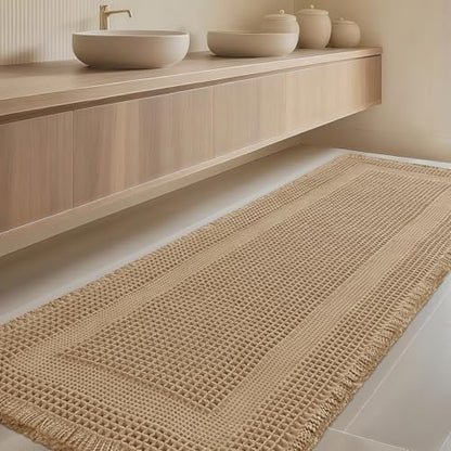 IM HOME Extra Large Waffle Bath Mat, Boho Bathroom Rugs Absorbent Non Slip, Soft Bathroom Mats, Machine Washable Knit Bath Rugs with Tassels for Bathroom, Bedroom, Kitchen, Shower, Tub, Beige, 5'x2'