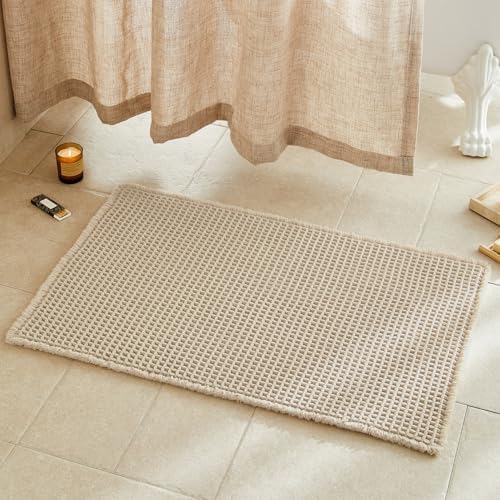 TYUU Waffle Bath Mat, Boho Bathroom Rugs Non Slip, 36x24 Pale Beige