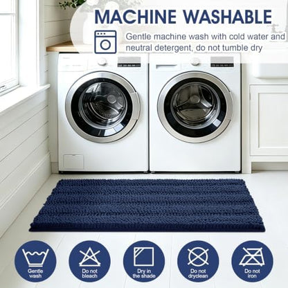 ACCUMTEK Striped Navy Blue Bathroom Rug Set 3 Pieces Ultra Soft, Non Slip Chenille Toilet Mat, Absorbent Plush Shaggy Bath Mats for Bathroom, Bedroom, Kitchen