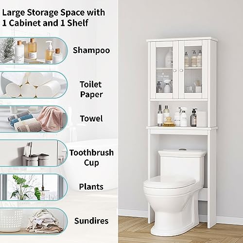 Shintenchi Over the Toilet Storage Cabinet, Bathroom Shelf Organizer with Anti-Tip Device Small Freestanding Space Saver with Adjustable Shelf and Glass Door, White