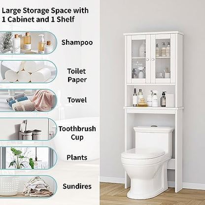 Shintenchi Over the Toilet Storage Cabinet, Bathroom Shelf Organizer with Anti-Tip Device Small Freestanding Space Saver with Adjustable Shelf and Glass Door, White
