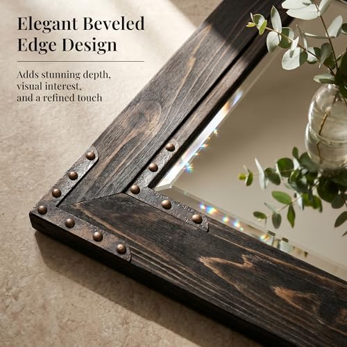Rustic Black 24x36 Inch Wood Bathroom Vanity Mirror, Rivets