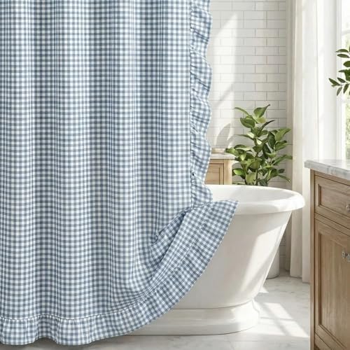 HunnmingRe Ruffled Gingham Shower Curtain Dusty Blue