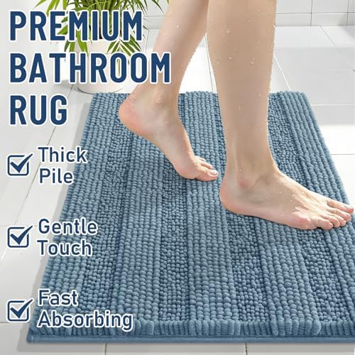 Grandaily Chenille Striped Bathroom Rugs 59x35, Extra Thick and Soft Absorbent Bath Mats, Rubber Backing, Plush Shaggy Shower Carpet, Machine Wash Dry, Bath Rug for Bathroom, Airy Blue