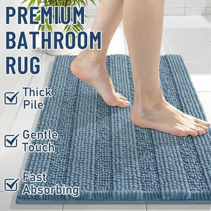 Grandaily Chenille Striped Bathroom Rugs 44x32, Extra Thick and Soft Absorbent Bath Mats, Rubber Backing, Plush Shaggy Shower Carpet, Machine Wash Dry, Bath Rug for Bathroom, Airy Blue