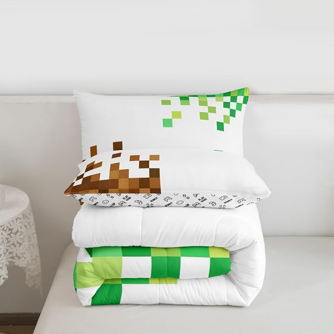 Manfei Pixelated Comforter Set Queen Size,Cartoon Gamepad Duvet Insert Adults Bedroom Decor,Miner Style Bedding Set,Brown Green Ultra Soft Microfiber Inner Fill 3Pcs Bedding