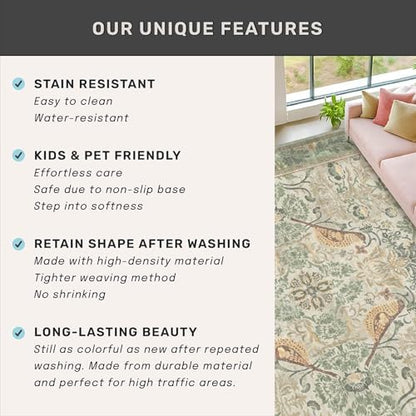 Hazo Haus Washable 6x8 Area Rug for Living Room - Sage Floral Nature Area Rugs for Bedroom, Dining Room Kitchen Table Rug for Under Table, Office, Stain Resistant Non-Slip - Sage Green