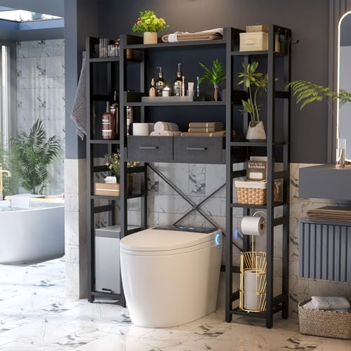 Besiost Over The Toilet Storage, 11 Tier Bathroom Organizer with Dual Side Racks and 2 Fabric Drawers, Adjustable Freestanding Rack Space Saver for Small Spaces, Black