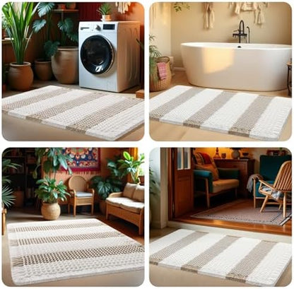Upgrade Waffle Bath Mat, Boho Bathroom Rugs Absorbent Non Slip, Ultra Soft Bathroom Mat, Machine Washable Knit Bath Rugs with Stripe for Bathroom, Bedroom, Kitchen, Shower,Tub, 32"x20", Beige & White