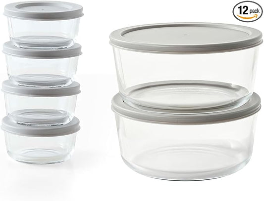 12-Piece Glass Food Storage Containers Set (6 Containers + 6 BPA-Free Lids) | 1-Cup & 6.5-Cup, Leakproof | Microwave, Freezer, Oven & Dishwasher Safe | Ideal for Meal Prep & Pantry Organization, Grey