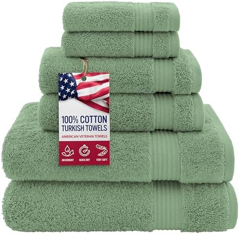 American Veteran Towel, 100% Cotton Turkish 6 Piece Towel Set, Luxury Towels Set of 6 for Bathroom Essentials, 2 Bath Towel 2 Hand Towel 2 Washcloth, Sage Green