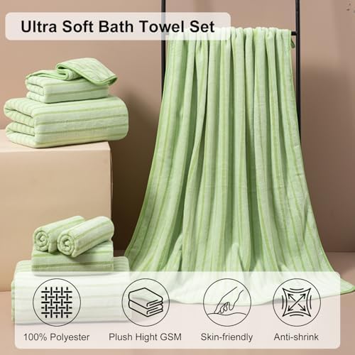 8 Pcs Grass Green Cabana Stripe Large Bath Towel Set - 2 Oversized Bath Sheets, 2 Hand Towels, 4 Washcloths - Soft Jumbo Absorbent Shower Beach Chair Spa Gym Hotel Towels