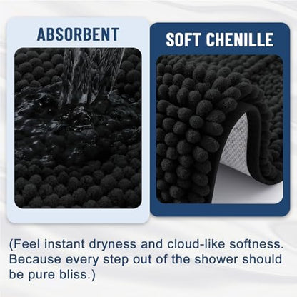 Grandaily Chenille Striped Bathroom Rugs 47x17, Extra Thick and Soft Absorbent Bath Mats, Rubber Backing, Plush Shaggy Shower Carpet, Machine Wash Dry, Bath Rug for Bathroom, Deep Black
