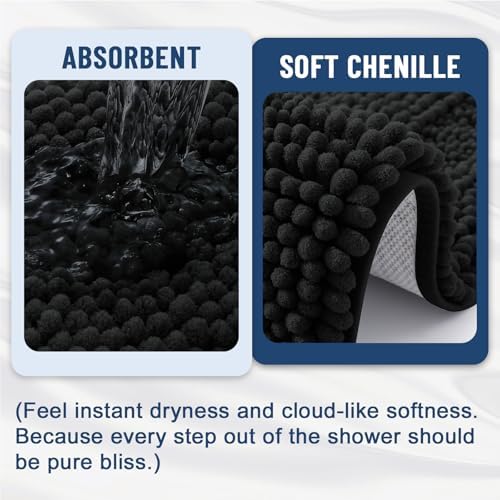 Grandaily Chenille Striped Bathroom Rugs 59x24, Extra Thick and Soft Absorbent Bath Mats, Rubber Backing, Plush Shaggy Shower Carpet, Machine Wash Dry, Bath Rug for Bathroom, Deep Black