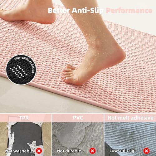 TYUU Bathroom Rugs Non Slip Washable, Super Absorbent Thin Bath Mat Quick Dry Low Pile Bathroom Rug, Pink 20"x48"