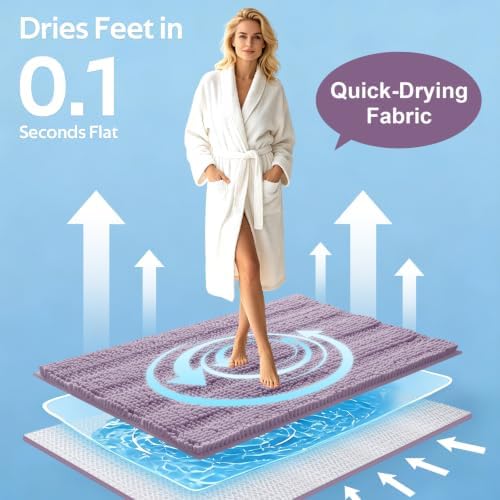ACCUMTEK Striped Lavender Bathroom Rug Mat Set 2 piece 32"x20"+24"x17" Ultra Soft, Non Slip Chenille Bath Rugs, Absorbent Plush Shaggy Bath Mats for Bathroom, Bedroom, Kitchen, Shower, Tub