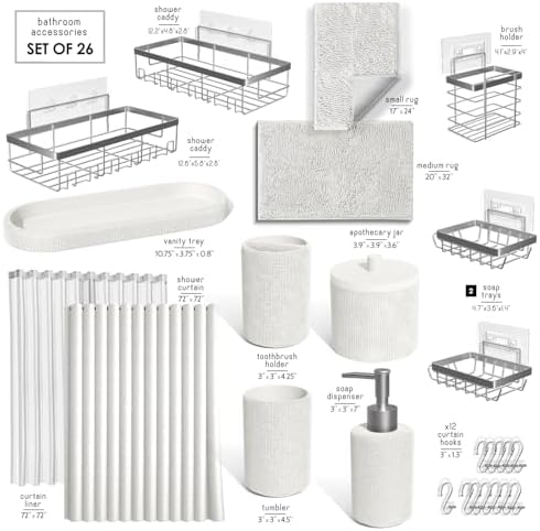 Clara Clark White Bathroom Set - Bathroom Sets with Shower Curtain and Rugs, 26PC Bathroom Accessory Set, Shower Curtain Set with Adhesive Corner Shower Caddy Hanging & Soap Dispenser