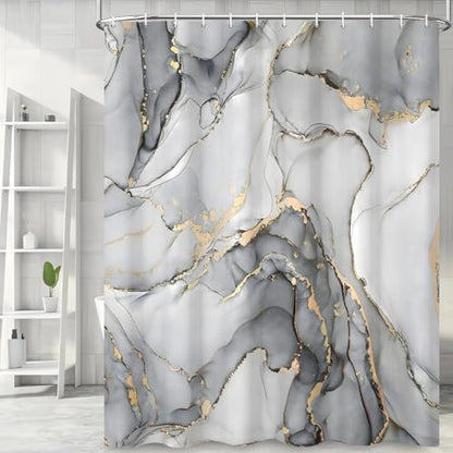 Grey Marble Shower Curtain, Modern Abstract Luxury Grey Gold Ink Texture Watercolor Art Bathroom Curtains Ombre Machine Washable Waterproof Fabric Bathtub Curtain Set with Hooks 66" Wx72 L