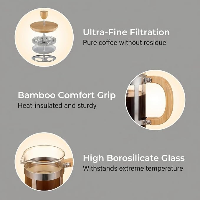 Sivaphe 12 oz French Press Coffee/Tea Maker Single Cup Espresso Press Stainless Steel Filter 0.35L High Borosilicate Carafe Durable Bamboo Handle Small Coffee Maker