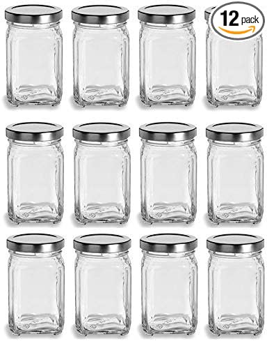 Nakpunar 12 pcs 10 oz Victorian Square Glass Jars with Plastisol Lined Lids (10 fl oz, Silver)