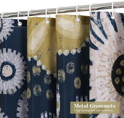 Boho Floral Shower Curtain, Dark Blue Botanical Fabric Curtain, 72 x 78