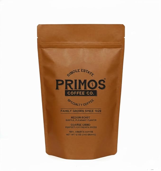 Primos French Press Coffee, Smooth Arabica, Medium Roast, Coarse Grind | Coarsely ground for balanced extraction with no bitterness; low acidity, fruit & cacao notes; from our Nicaraguan family farm