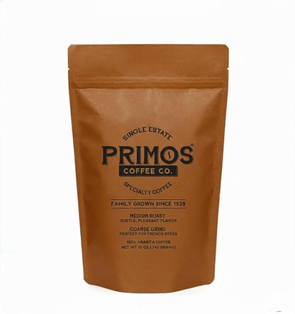Primos French Press Coffee, Smooth Arabica, Medium Roast, Coarse Grind | Coarsely ground for balanced extraction with no bitterness; low acidity, fruit & cacao notes; from our Nicaraguan family farm