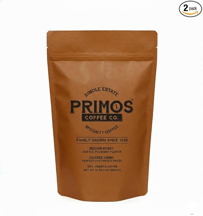 Primos French Press Coffee, Smooth, Medium Roast, Coarse Grind, 2 Bags | Coarsely ground for balanced extraction with no bitterness; low acidity, fruit & cacao notes; from our Nicaraguan family farm
