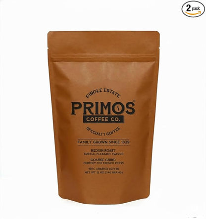 Primos French Press Coffee, Smooth, Medium Roast, Coarse Grind, 2 Bags | Coarsely ground for balanced extraction with no bitterness; low acidity, fruit & cacao notes; from our Nicaraguan family farm