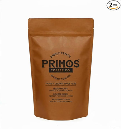 Primos French Press Coffee, Coarse Grind - 2 Bags, 1 Medium & 1 Dark Roast | Coarsely ground for balanced extraction with no bitterness; low acidity, fruit & cacao notes; from our Nicaraguan family farm